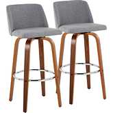 Toriano 30" Swivel Bar Stool in Walnut Wood & Grey Fabric w/ Chrome Footrest (Set of 2)